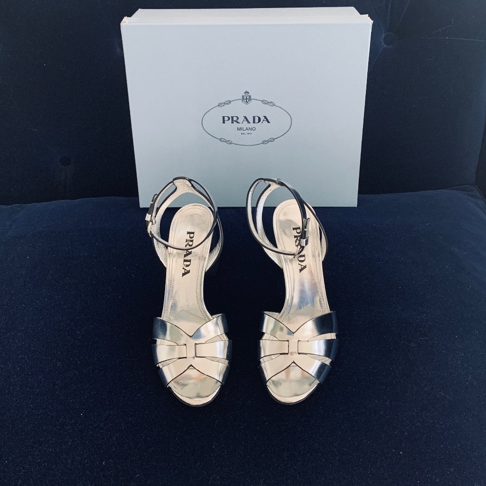 Prada  Silver Ankle Strap Sandals
